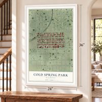 Cold Spring Park, Wisconsin map, 24 x 36 inch print in a white frame by a staircase