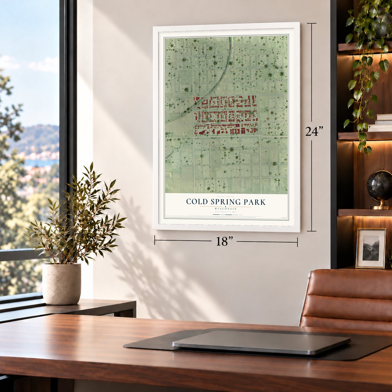 Cold Spring Park, Wisconsin map, 18 x 24 inch print in a white frame in a home office
