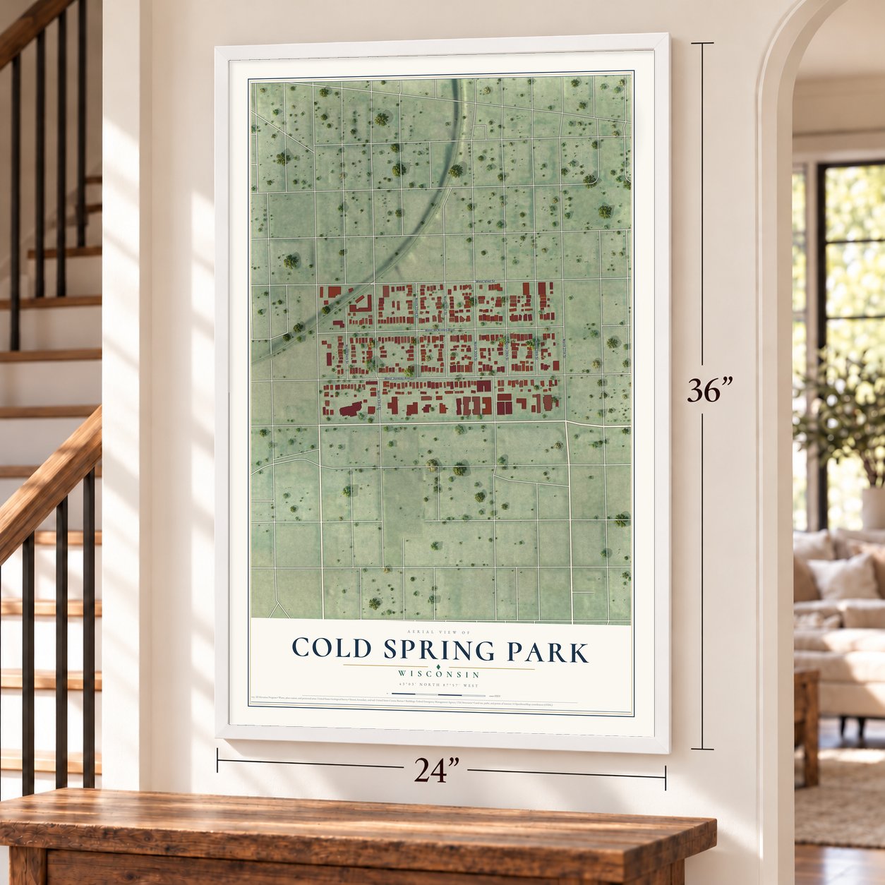 Cold Spring Park, Wisconsin map, 24 x 36 inch print in a white frame by a staircase