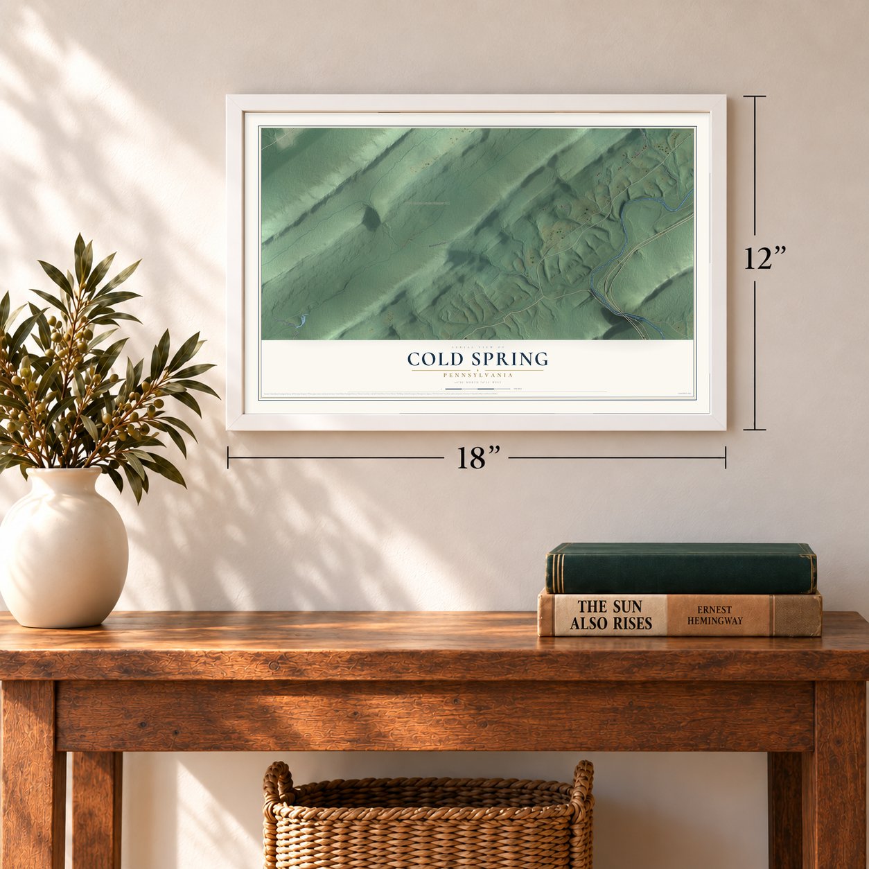 Cold Spring, Pennsylvania map, 12 x 18 inch print in a white frame in an entryway