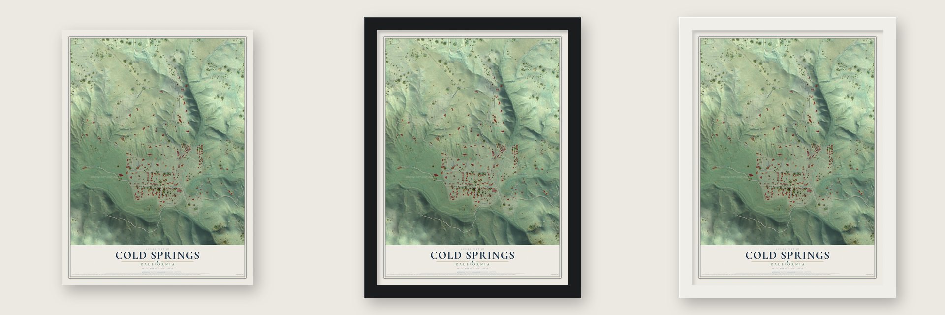 Cold Springs, California map unframed, in a black wood frame and in a white wood frame