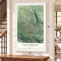 Cold Springs, California map, 24 x 36 inch print in a white frame by a staircase
