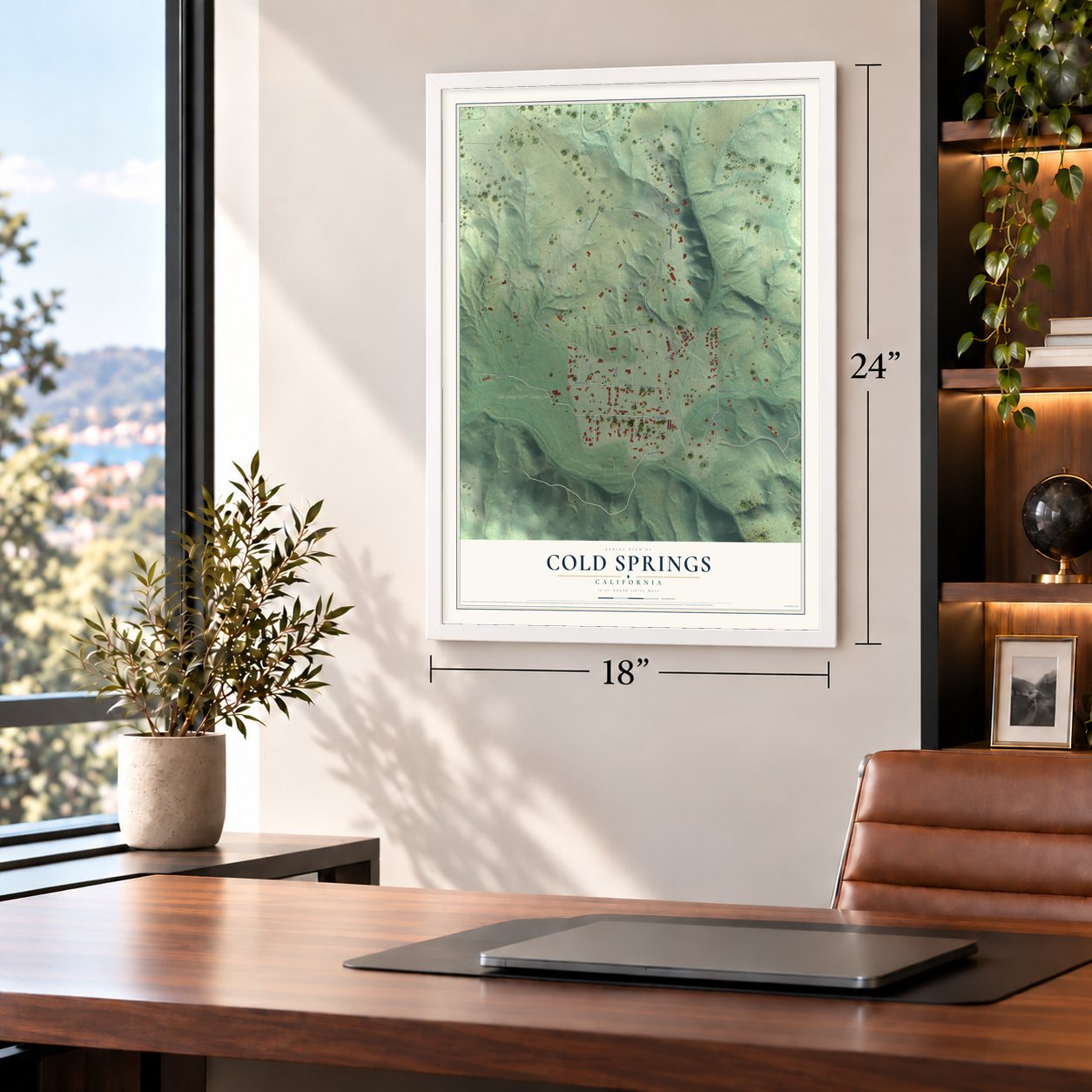 Cold Springs, California map, 18 x 24 inch print in a white frame in a home office