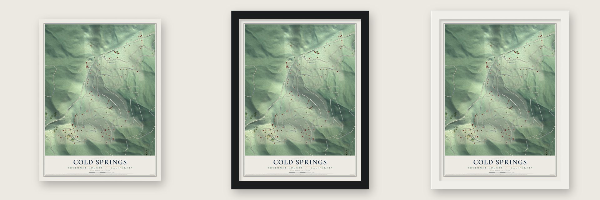 Cold Springs, Tuolumne County, California map unframed, in a black wood frame and in a white wood frame