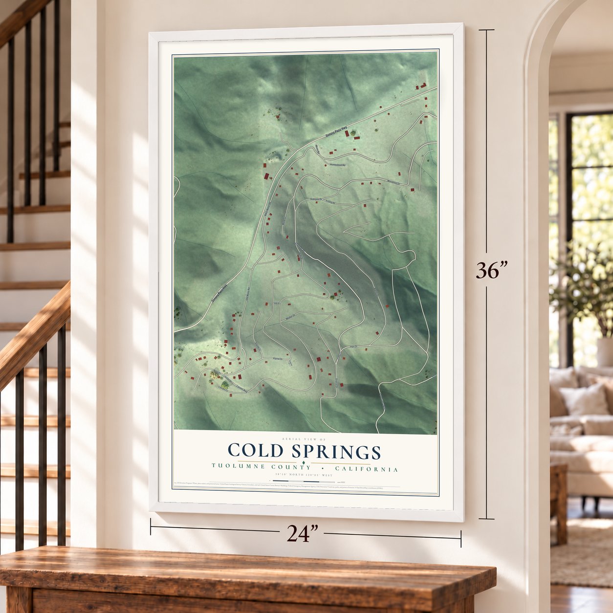 Cold Springs, Tuolumne County, California map, 24 x 36 inch print in a white frame by a staircase