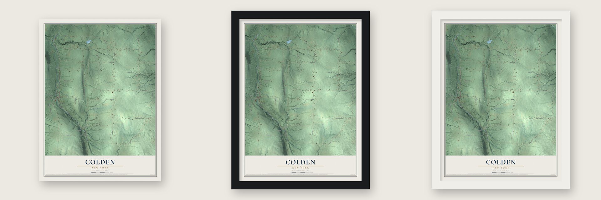 Colden, New York map unframed, in a black wood frame and in a white wood frame