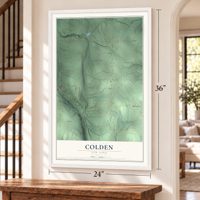 Colden, New York map, 24 x 36 inch print in a white frame by a staircase
