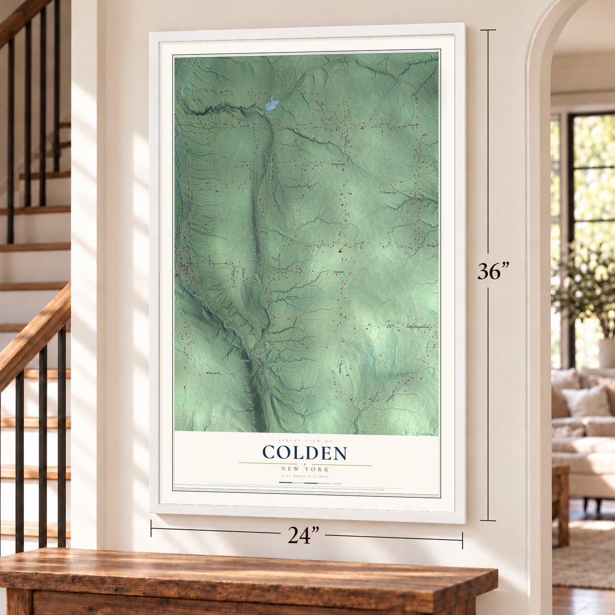 Colden, New York map, 24 x 36 inch print in a white frame by a staircase