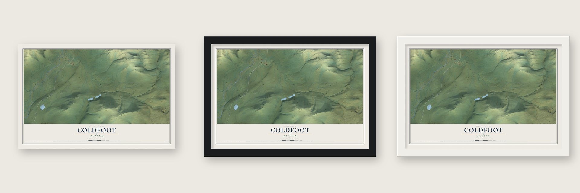 Coldfoot, Alaska map unframed, in a black wood frame and in a white wood frame