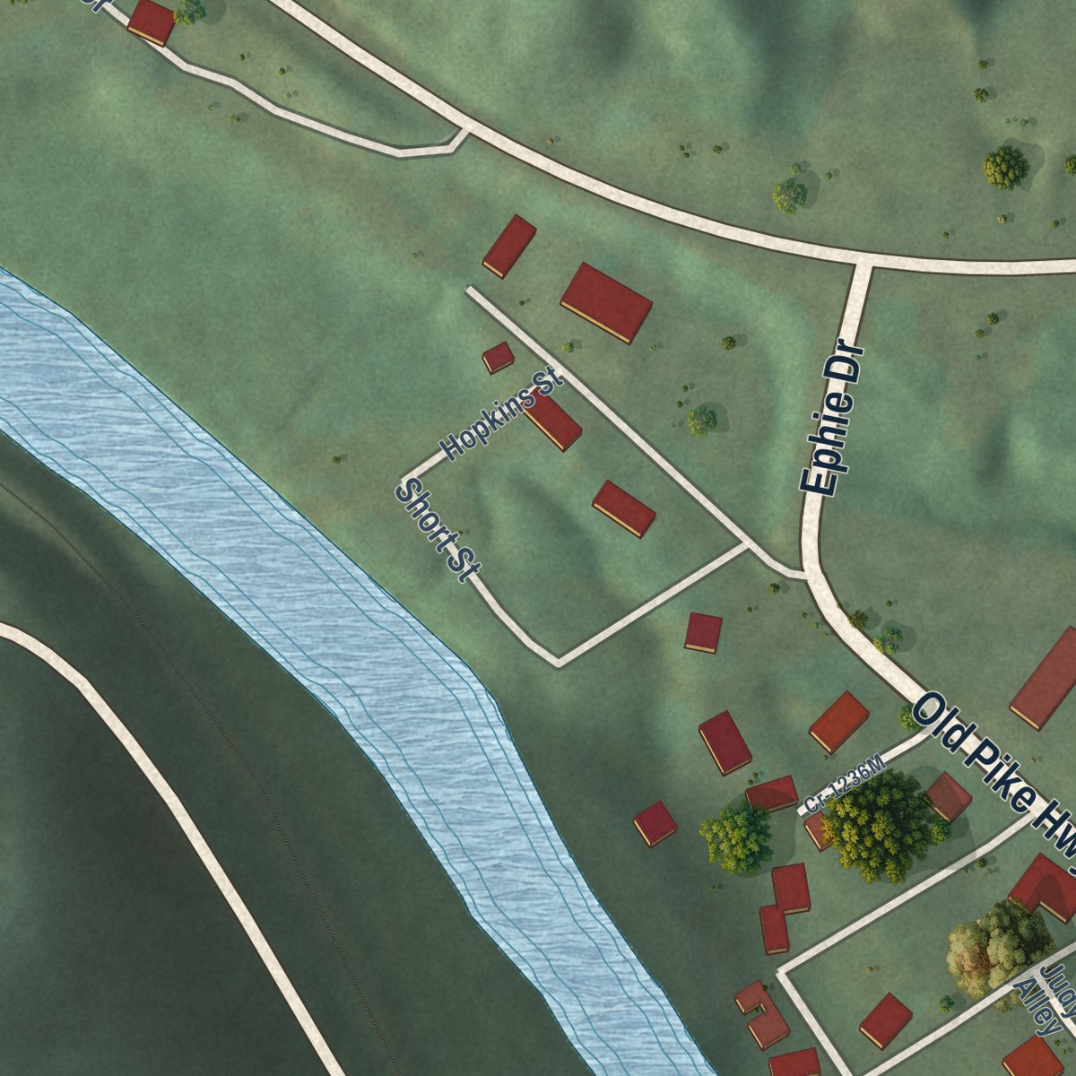 Second close-up of the map of Coldiron, Kentucky print showing more streets and buildings