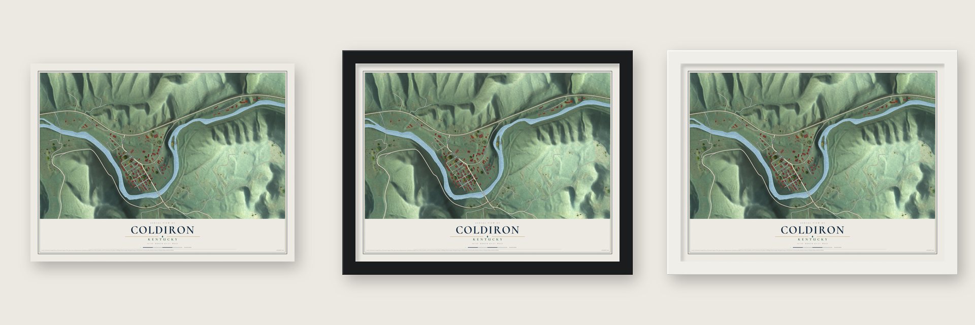 Coldiron, Kentucky map unframed, in a black wood frame and in a white wood frame
