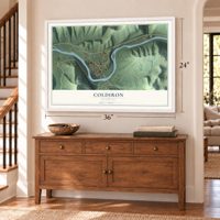 Coldiron, Kentucky map, 24 x 36 inch print in a white frame above a dresser by a staircase