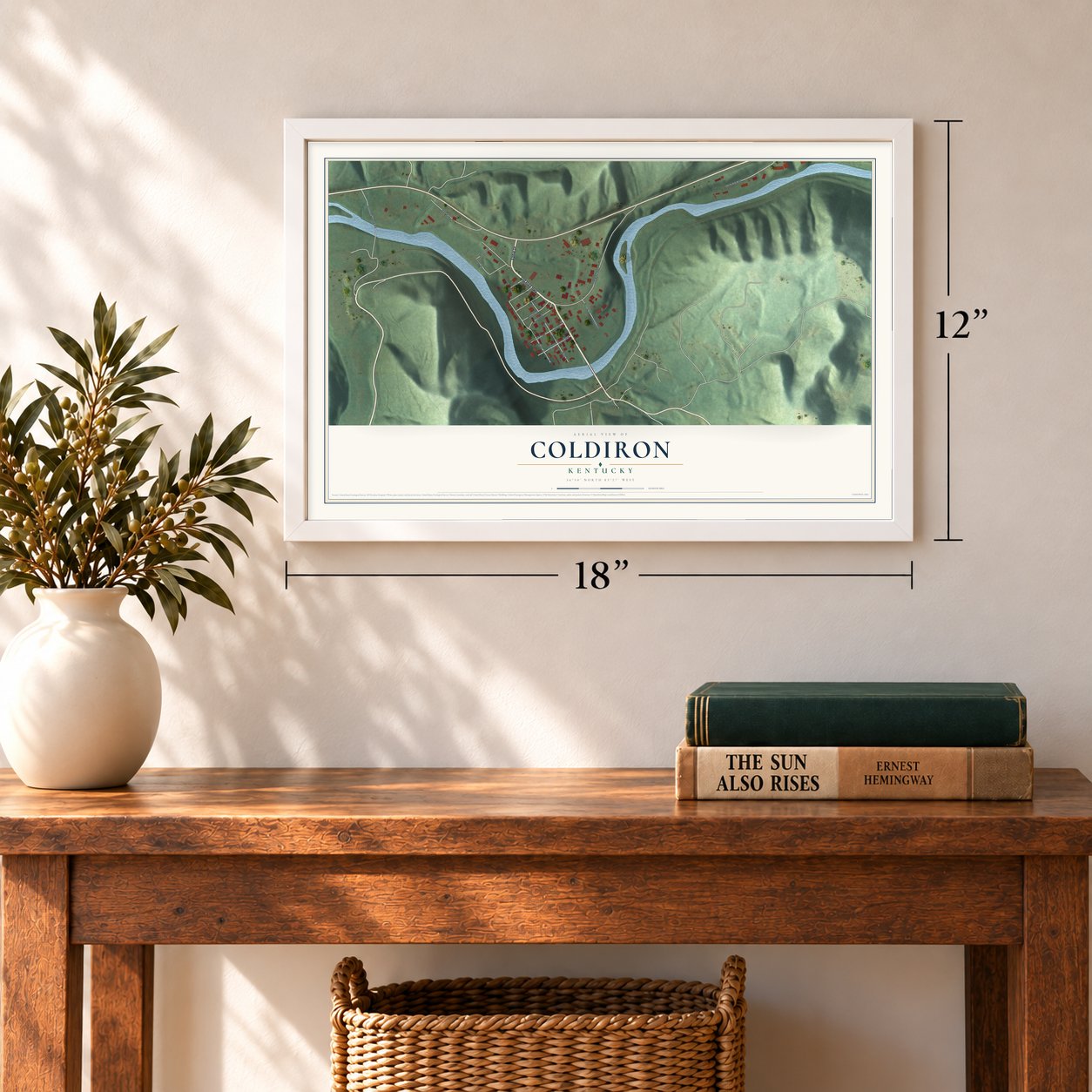 Coldiron, Kentucky map, 12 x 18 inch print in a white frame in an entryway