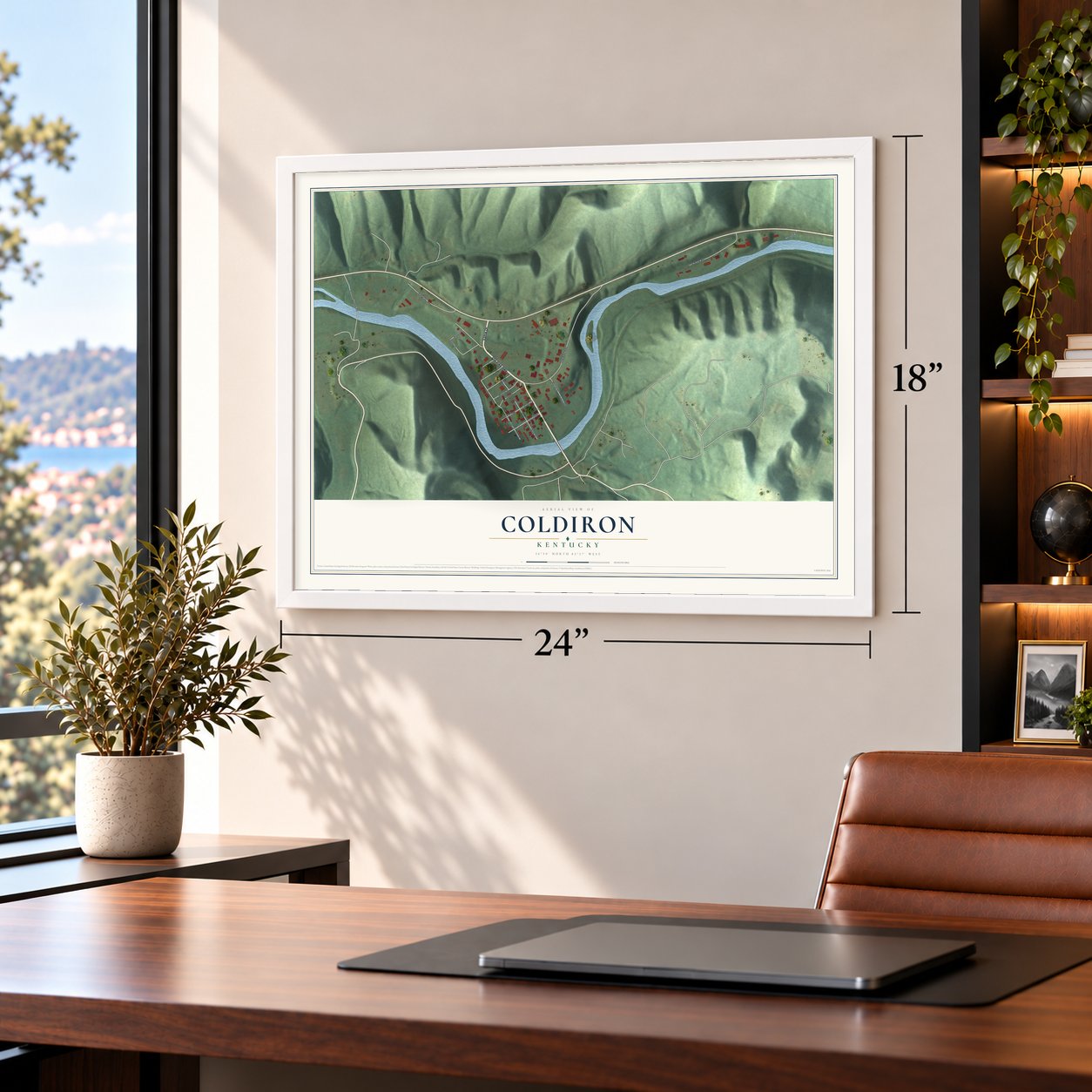 Coldiron, Kentucky map, 18 x 24 inch print in a white frame in a home office