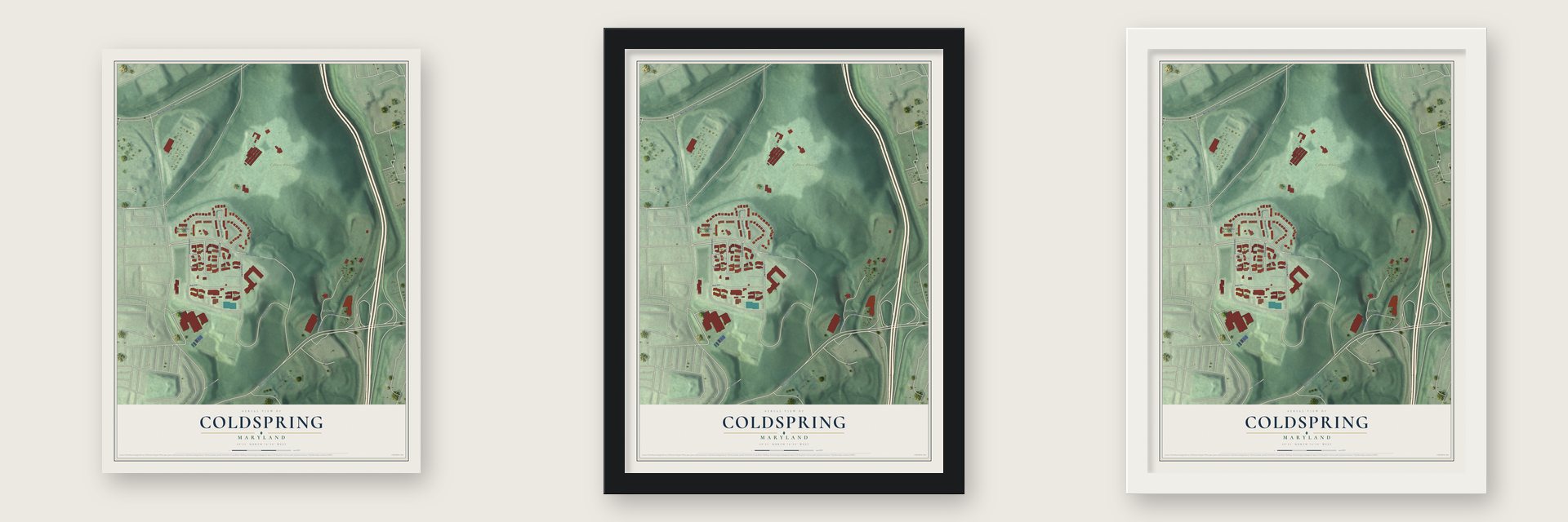 Coldspring, Maryland map unframed, in a black wood frame and in a white wood frame