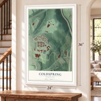 Coldspring, Maryland map, 24 x 36 inch print in a white frame by a staircase