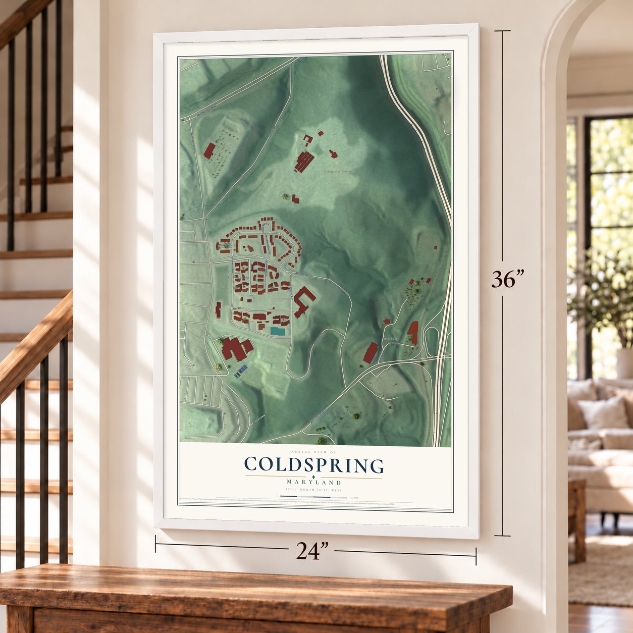 Coldspring, Maryland map, 24 x 36 inch print in a white frame by a staircase
