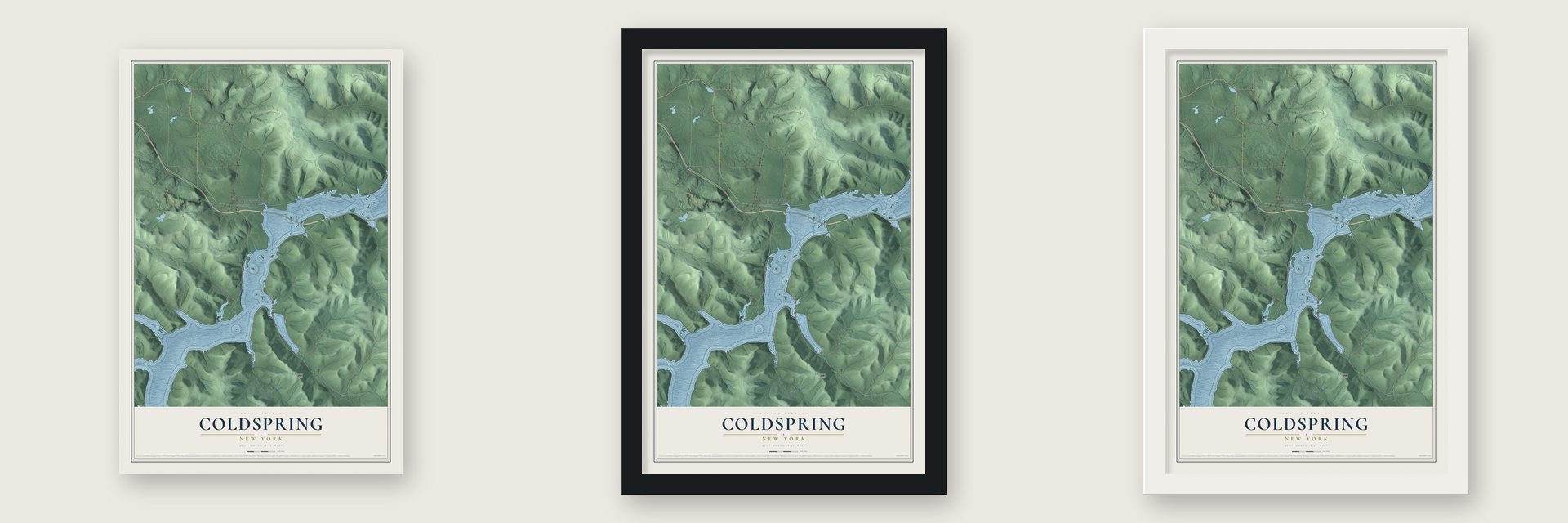 Coldspring, New York map unframed, in a black wood frame and in a white wood frame