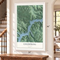 Coldspring, New York map, 24 x 36 inch print in a white frame by a staircase