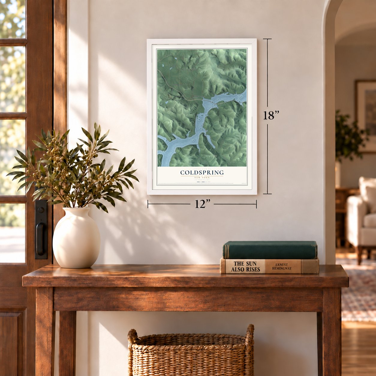 Coldspring, New York map, 12 x 18 inch print in a white frame in an entryway