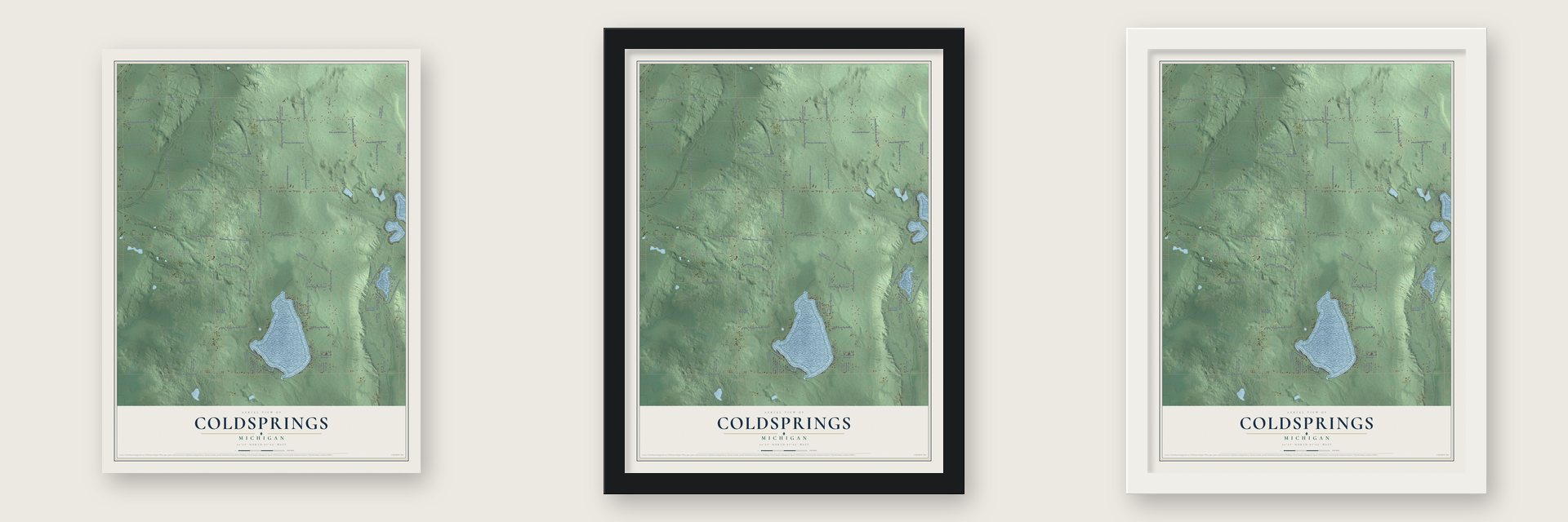 Coldsprings, Michigan map unframed, in a black wood frame and in a white wood frame