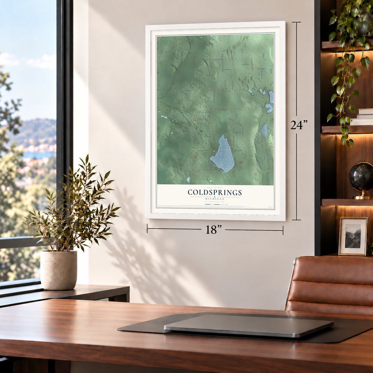 Coldsprings, Michigan map, 18 x 24 inch print in a white frame in a home office