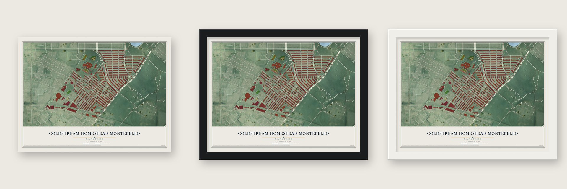 Coldstream Homestead Montebello, Maryland map unframed, in a black wood frame and in a white wood frame