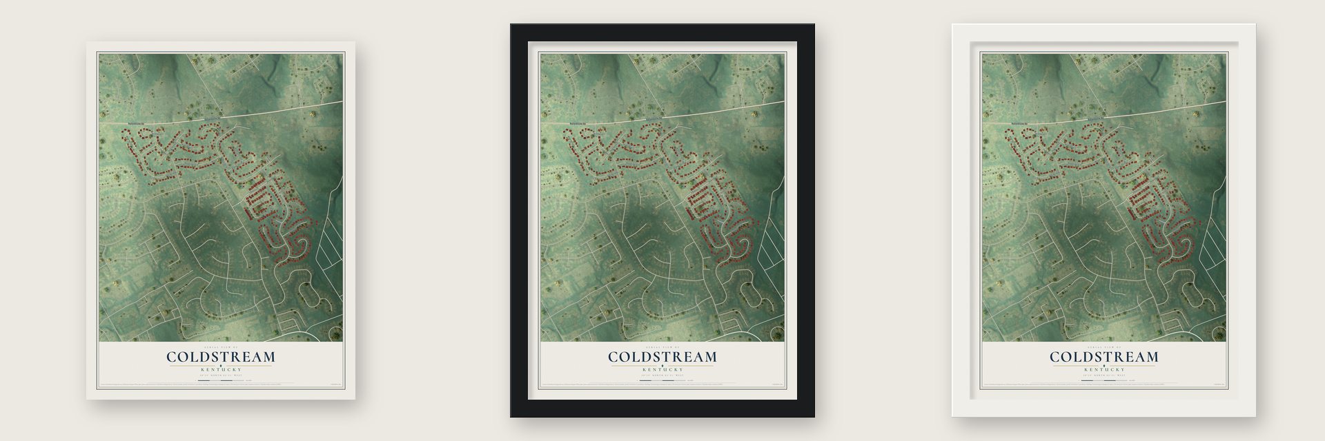 Coldstream, Kentucky map unframed, in a black wood frame and in a white wood frame