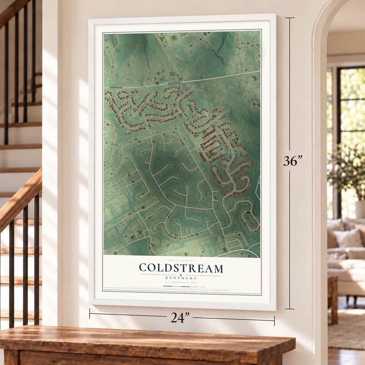 Coldstream, Kentucky map, 24 x 36 inch print in a white frame by a staircase
