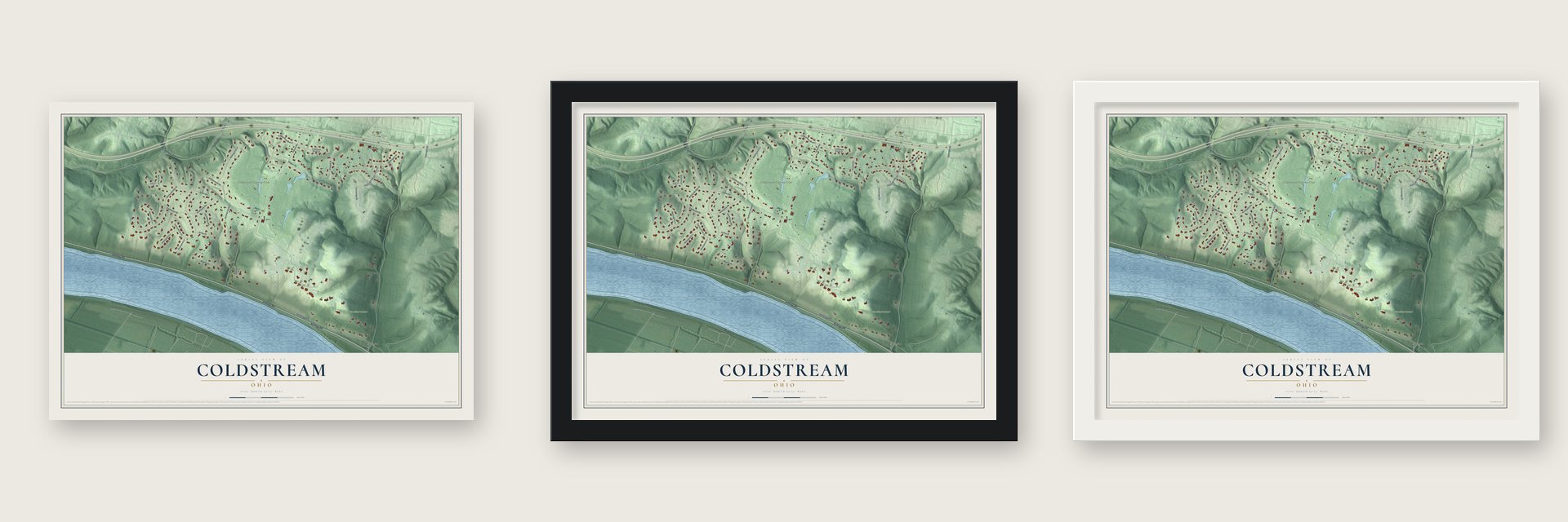 Coldstream, Ohio map unframed, in a black wood frame and in a white wood frame