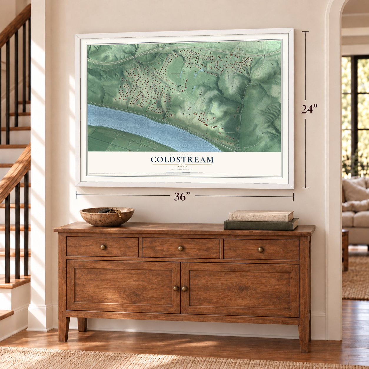 Coldstream, Ohio map, 24 x 36 inch print in a white frame above a dresser by a staircase