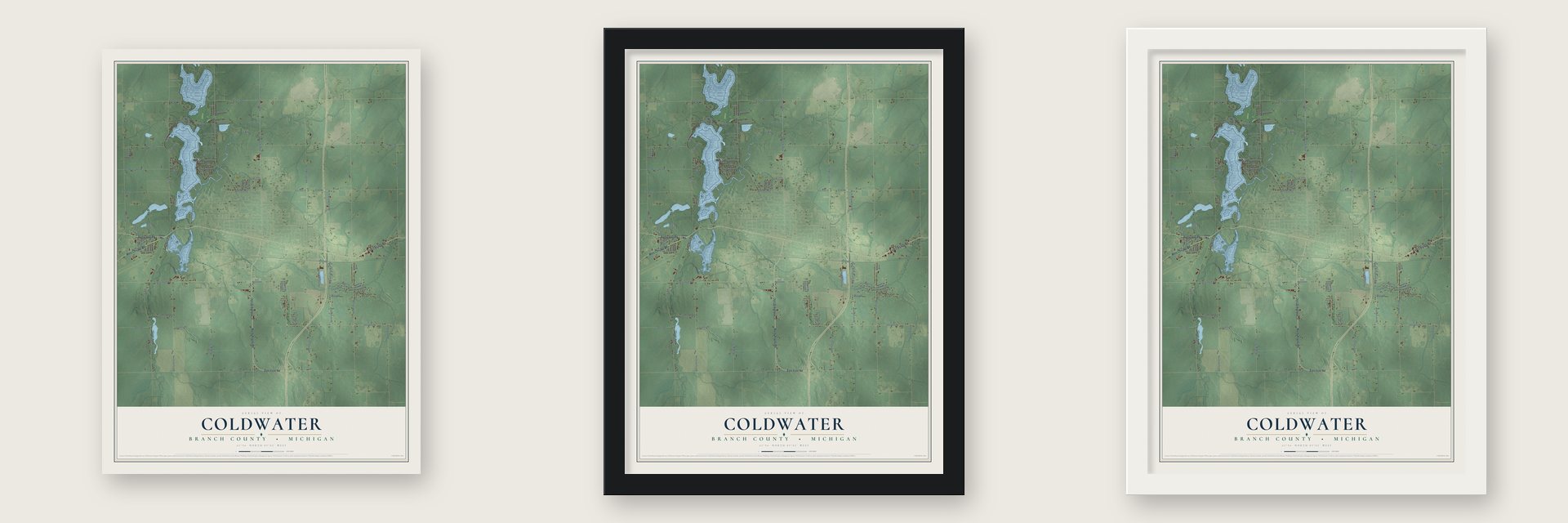 Coldwater, Branch County, Michigan map unframed, in a black wood frame and in a white wood frame
