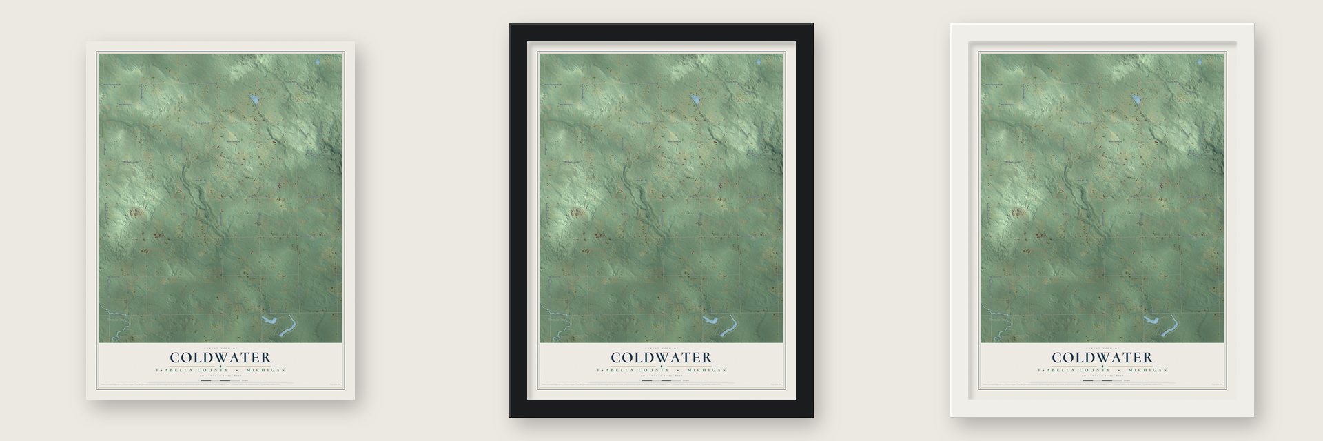 Coldwater, Isabella County, Michigan map unframed, in a black wood frame and in a white wood frame