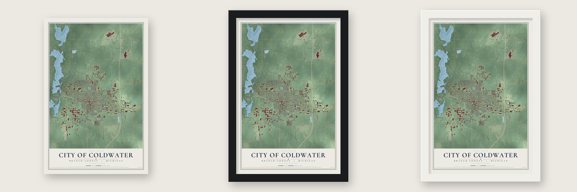 Coldwater, Michigan map unframed, in a black wood frame and in a white wood frame