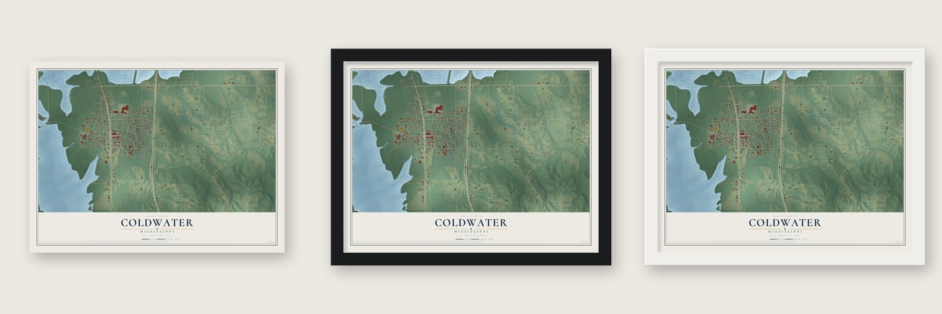 Coldwater, Mississippi map unframed, in a black wood frame and in a white wood frame