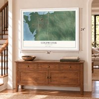 Coldwater, Mississippi map, 24 x 36 inch print in a white frame above a dresser by a staircase