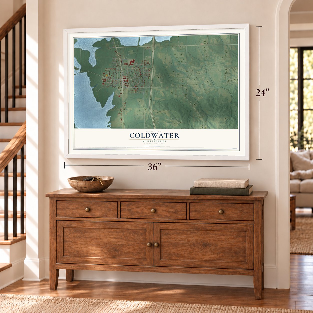 Coldwater, Mississippi map, 24 x 36 inch print in a white frame above a dresser by a staircase
