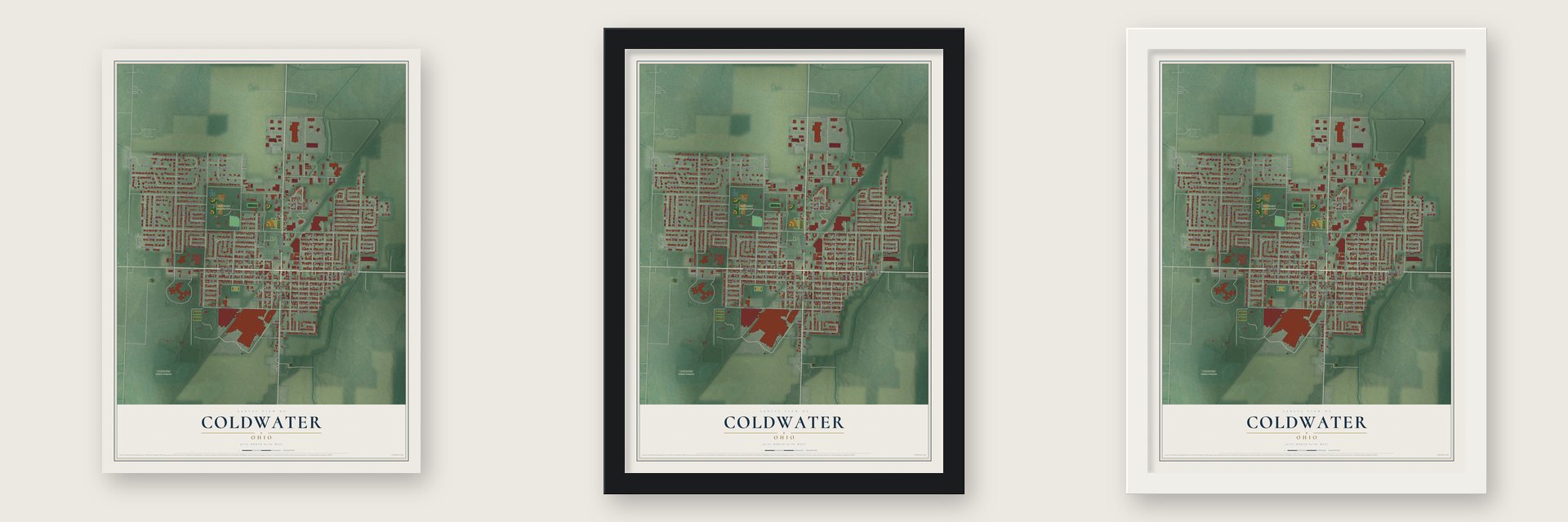 Coldwater, Ohio map unframed, in a black wood frame and in a white wood frame