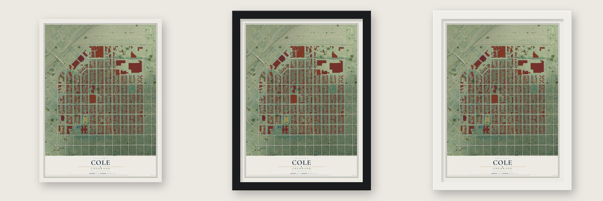 Cole, Colorado map unframed, in a black wood frame and in a white wood frame