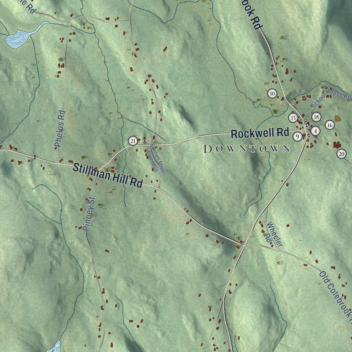 Second close-up of the map of Colebrook, Connecticut print showing more streets and buildings