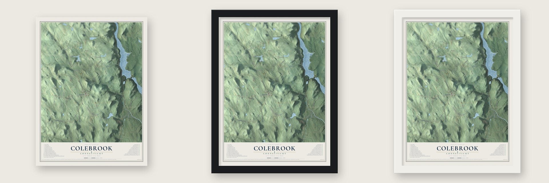 Colebrook, Connecticut map unframed, in a black wood frame and in a white wood frame