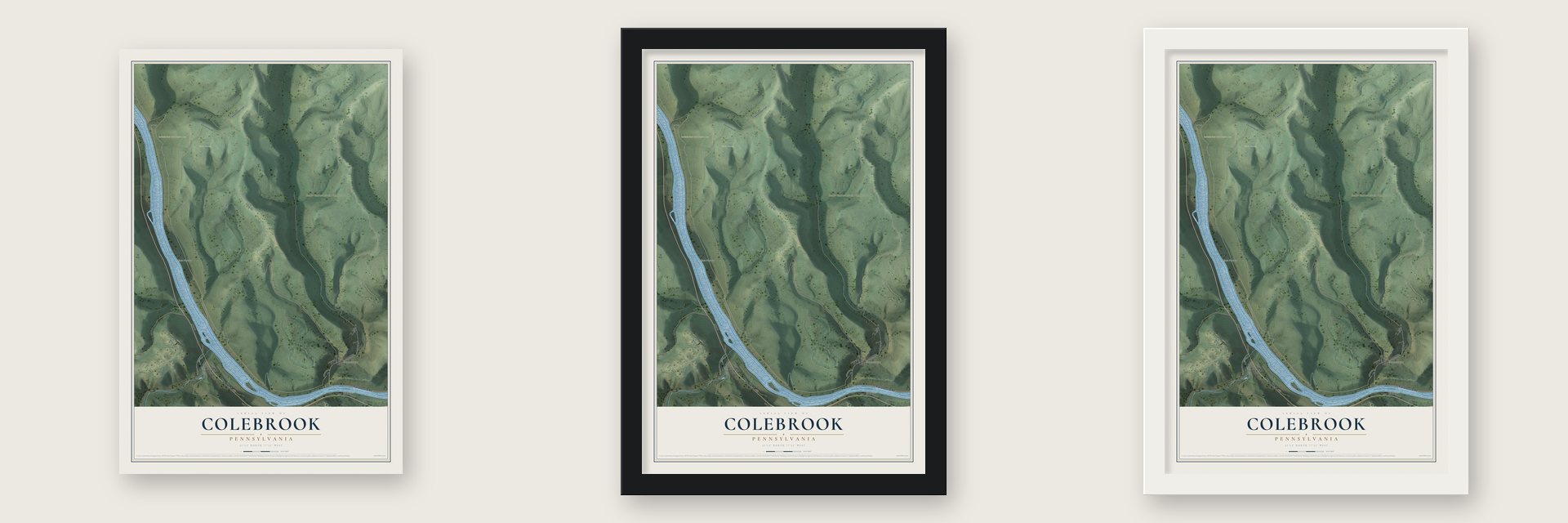 Colebrook, Pennsylvania map unframed, in a black wood frame and in a white wood frame