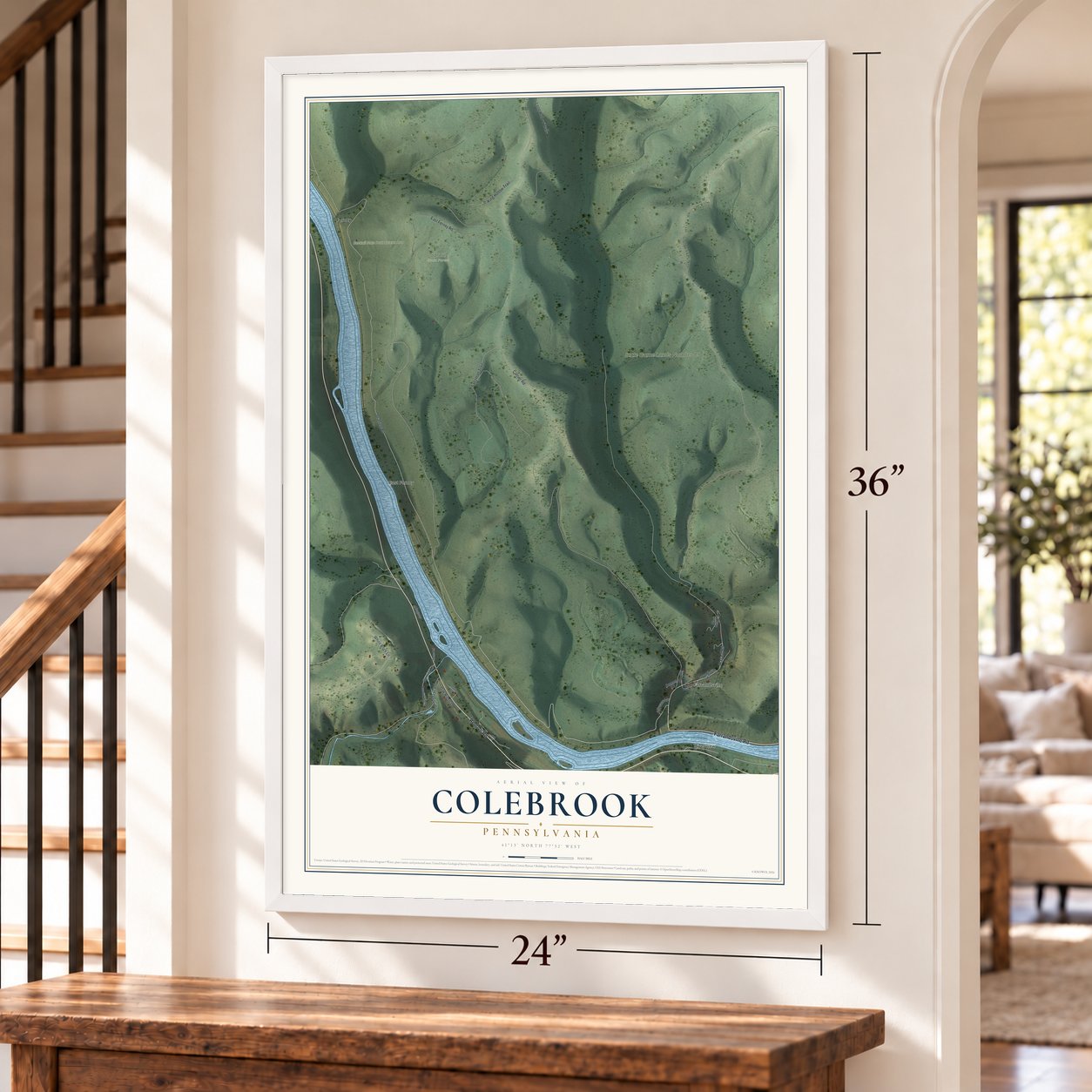 Colebrook, Pennsylvania map, 24 x 36 inch print in a white frame by a staircase