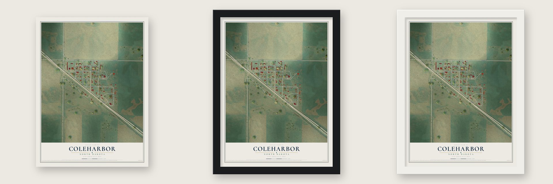 Coleharbor, North Dakota map unframed, in a black wood frame and in a white wood frame