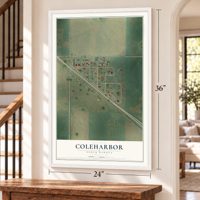Coleharbor, North Dakota map, 24 x 36 inch print in a white frame by a staircase