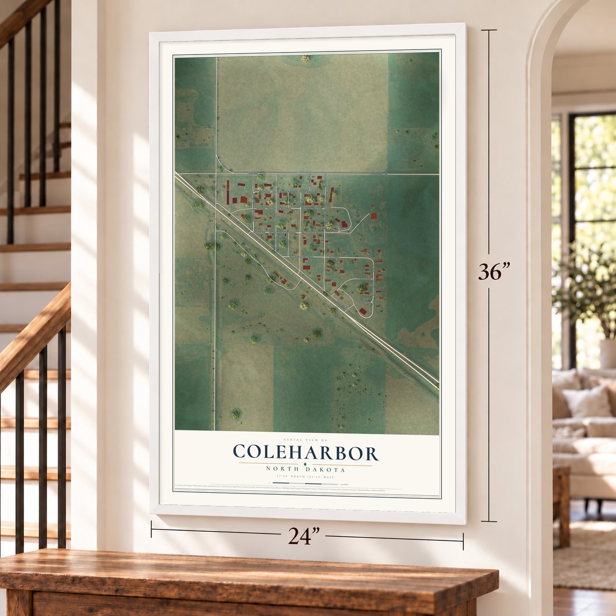 Coleharbor, North Dakota map, 24 x 36 inch print in a white frame by a staircase