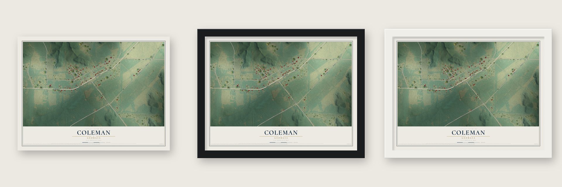 Coleman, Georgia map unframed, in a black wood frame and in a white wood frame