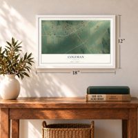 Coleman, Georgia map, 12 x 18 inch print in a white frame in an entryway