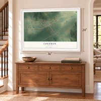 Coleman, Georgia map, 24 x 36 inch print in a white frame above a dresser by a staircase
