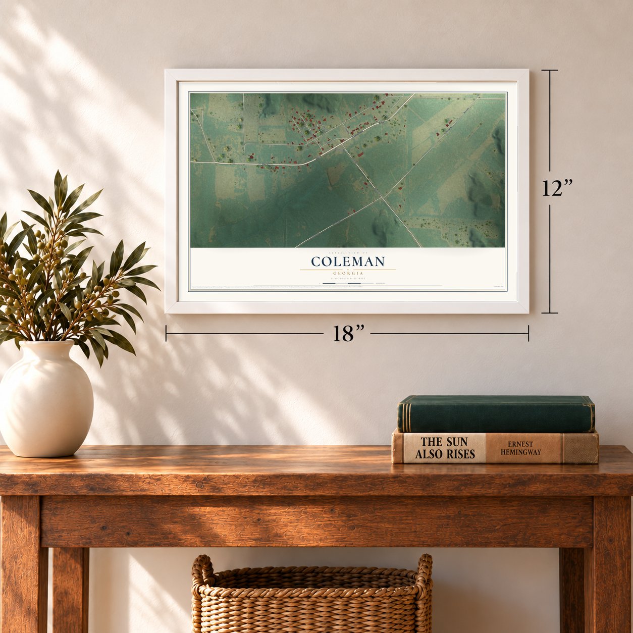 Coleman, Georgia map, 12 x 18 inch print in a white frame in an entryway